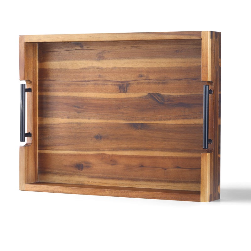 RAKYTO Ottoman Tray, Acacia Wood Serving Tray with Metal Handles, 16.5x12.5in Food Drinks Tray for Coffee Table, Breakfast, Dinner & Bar, Rustic Decorative Storage Tray for Ottoman, Kitchen, Packaging - Image 1